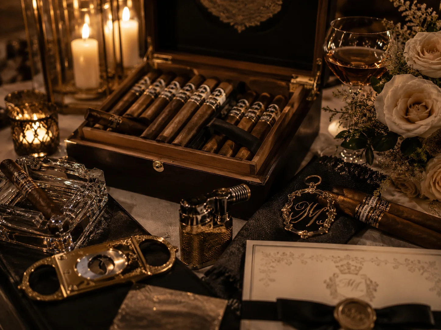 A curated wedding cigar display with a humidor, cutters, candles, flowers, and personalized stationery